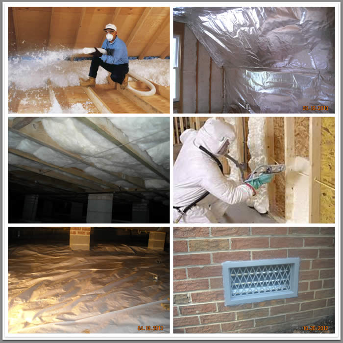 4 Seasons Insulation services collage showing attic insulation, radiant barrier, and crawl space work in Greensboro NC